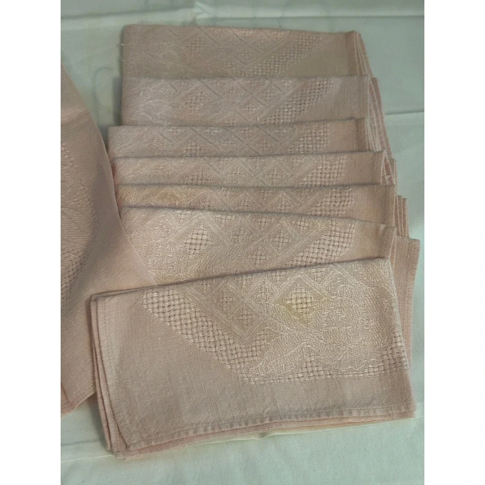 Vintage Blush Pink Linen Damask Napkins Set of 8 Geometric Floral 16x16 Square